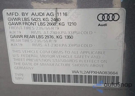 2017 Audi Q5 2.0T Premium from USA, damaged, VIN WA1L2AFPXHA083664